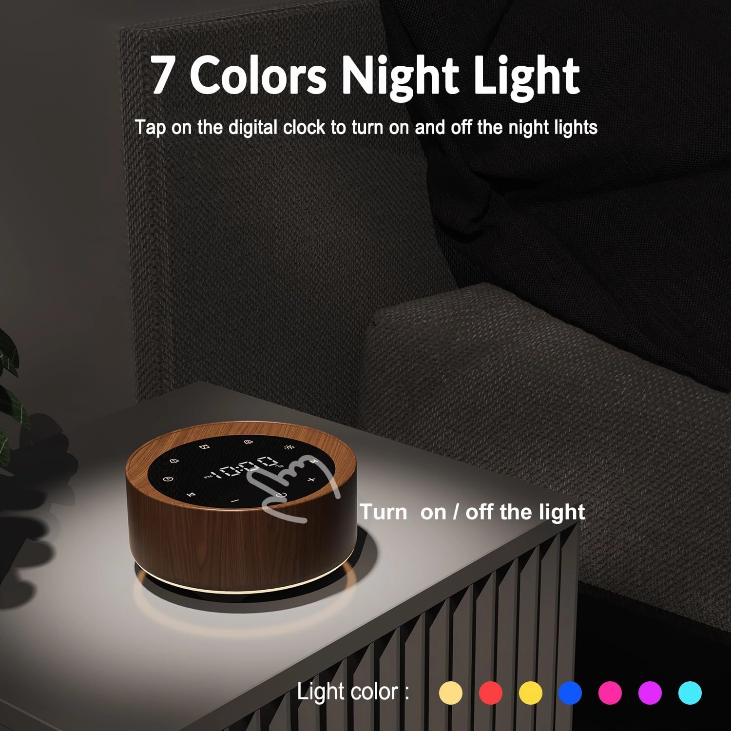 Alarm Clock Sound Machine with Adapter, 20 High Fidelity Soothing Sounds, 7 Color Night Lights, Timer and Memory Function, White Noise for Baby (Wood, Medium)