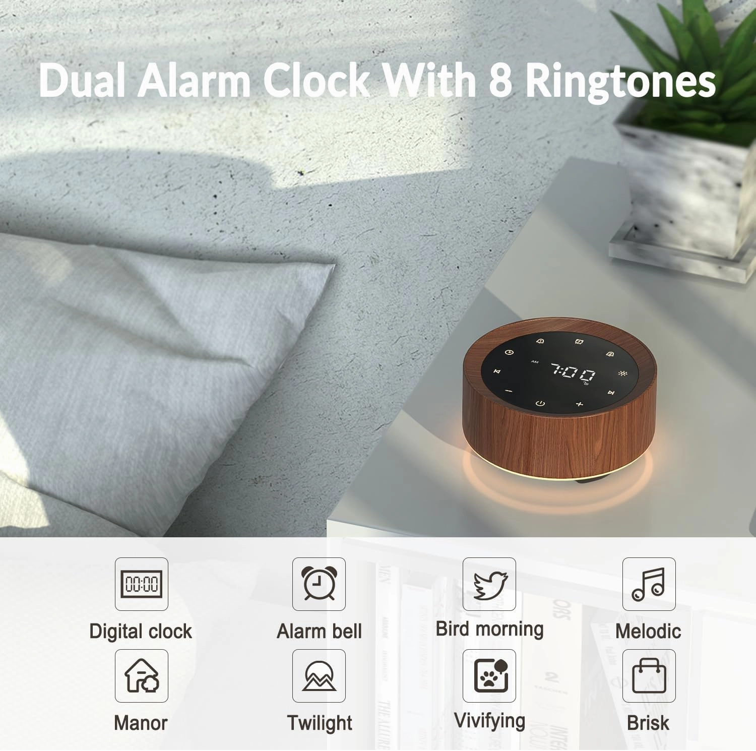 Alarm Clock Sound Machine with Adapter, 20 High Fidelity Soothing Sounds, 7 Color Night Lights, Timer and Memory Function, White Noise for Baby (Wood, Medium)