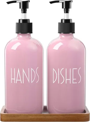 ALELION Dish Soap Dispenser for Kitchen - 16 OZ Glass Hand Soap Dispenser Set with Acacia Wood Tray - Pink Kitchen Bathroom Decor and Accessories