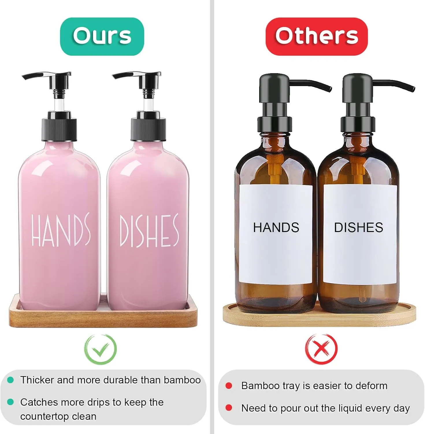 ALELION Dish Soap Dispenser for Kitchen - 16 OZ Glass Hand Soap Dispenser Set with Acacia Wood Tray - Pink Kitchen Bathroom Decor and Accessories