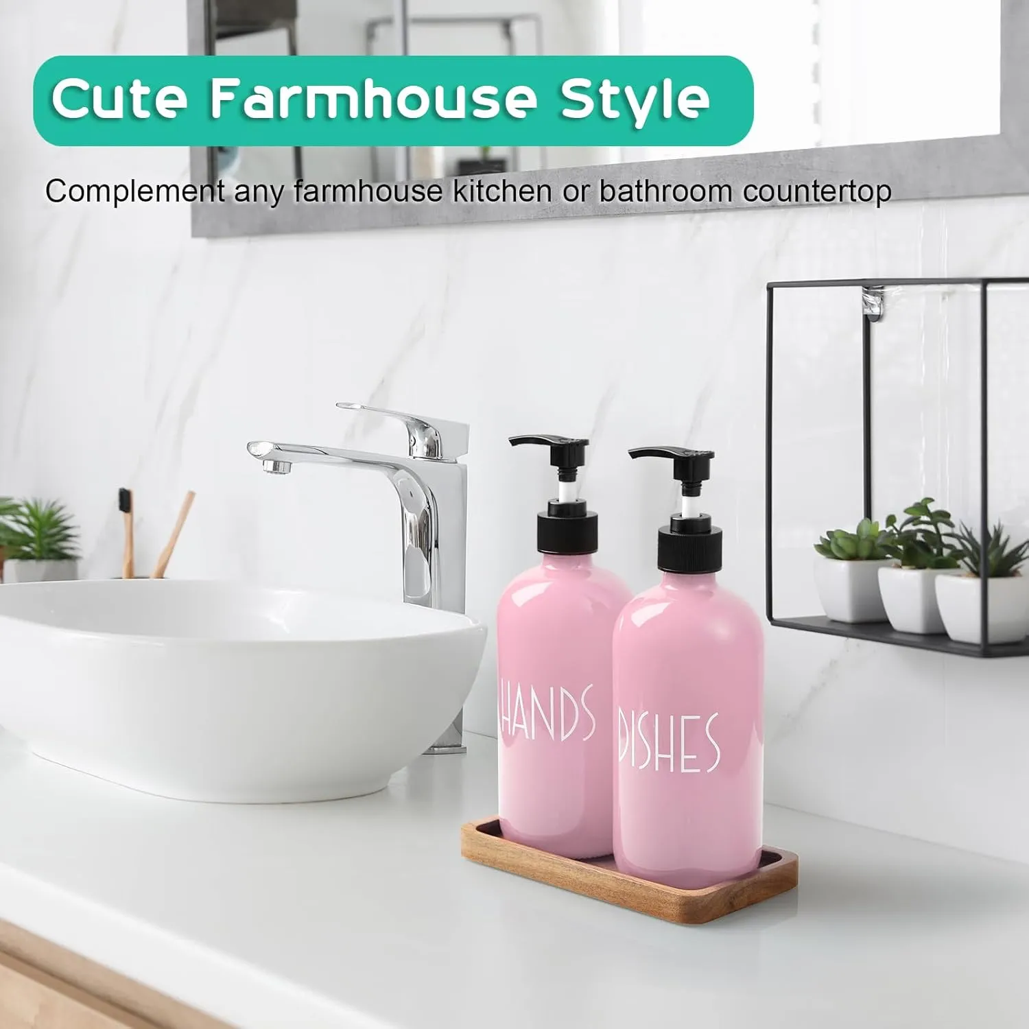ALELION Dish Soap Dispenser for Kitchen - 16 OZ Glass Hand Soap Dispenser Set with Acacia Wood Tray - Pink Kitchen Bathroom Decor and Accessories