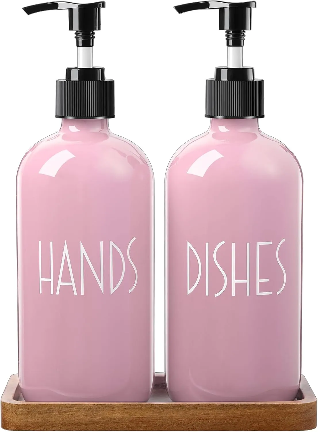 ALELION Dish Soap Dispenser for Kitchen - 16 OZ Glass Hand Soap Dispenser Set with Acacia Wood Tray - Pink Kitchen Bathroom Decor and Accessories