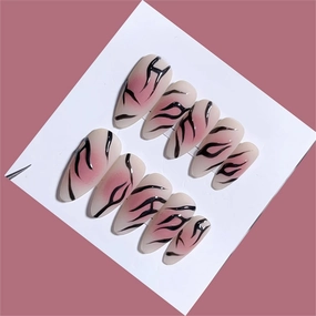Almond Short Handmade Press on Nails Black Striped Nail Art Decoration Creative Blush Manicure for Women and Girls 10PCS (G01-S)