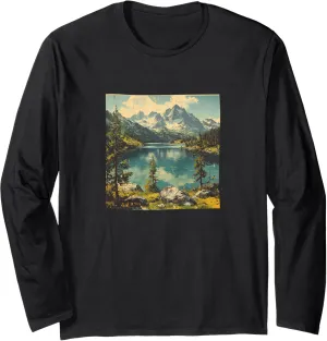 Alpine Lake Vintage Landscape Graphic Long Sleeve T-Shirt