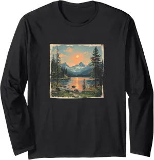Alpine Lake Vintage Landscape Graphic Long Sleeve T-Shirt