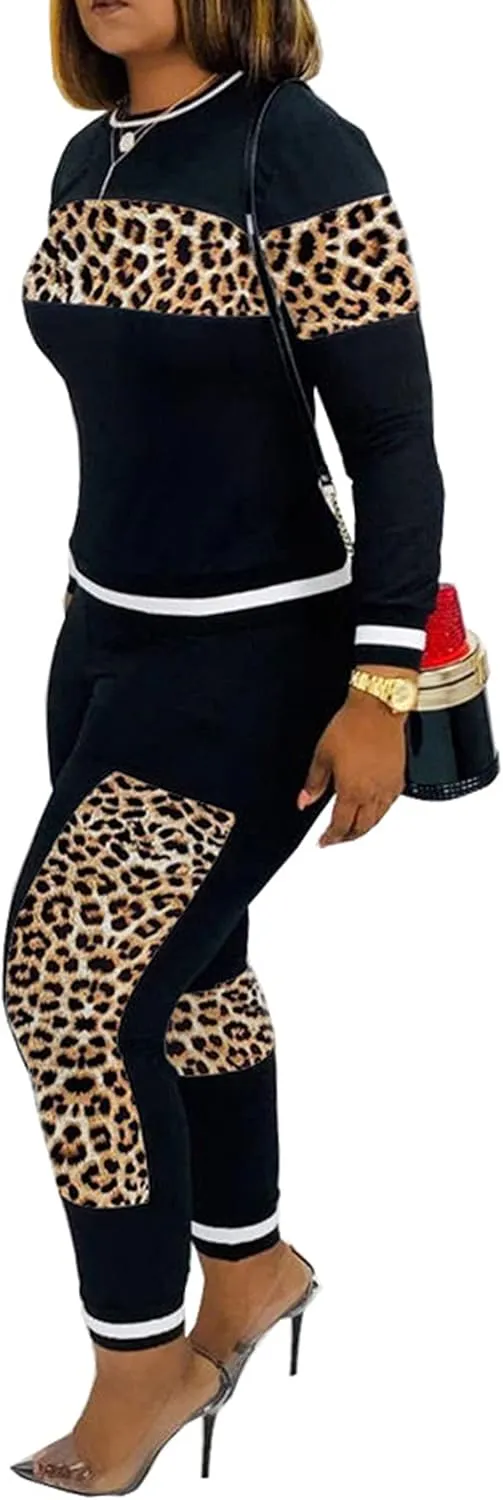 Alunzoem Womens Casual 2 Piece Outfits, Leopard Print Long Sleeve Top Pants Set Tracksuits
