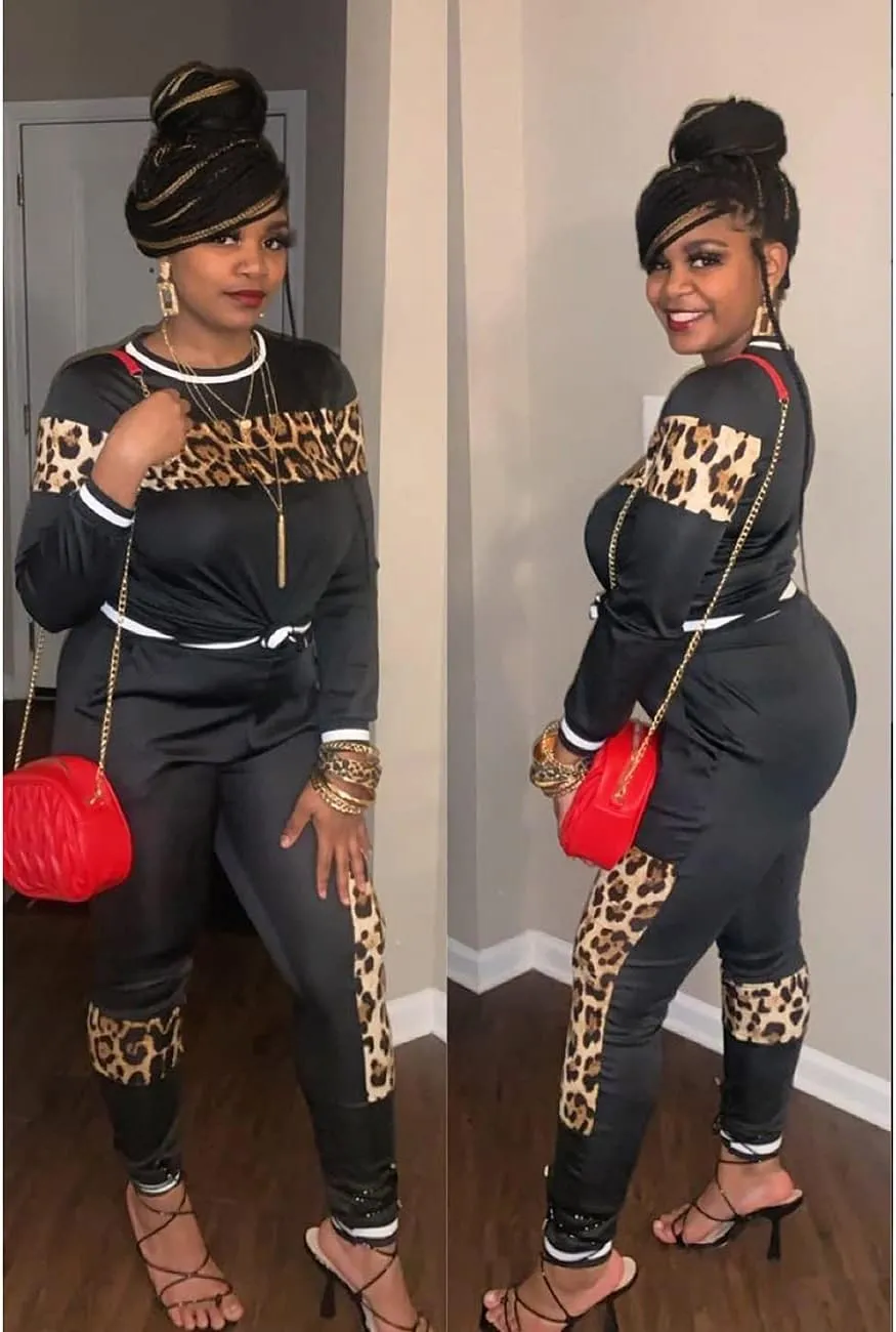 Alunzoem Womens Casual 2 Piece Outfits, Leopard Print Long Sleeve Top Pants Set Tracksuits