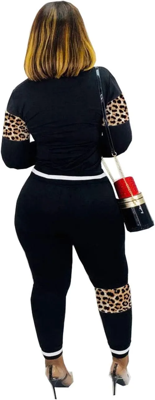 Alunzoem Womens Casual 2 Piece Outfits, Leopard Print Long Sleeve Top Pants Set Tracksuits