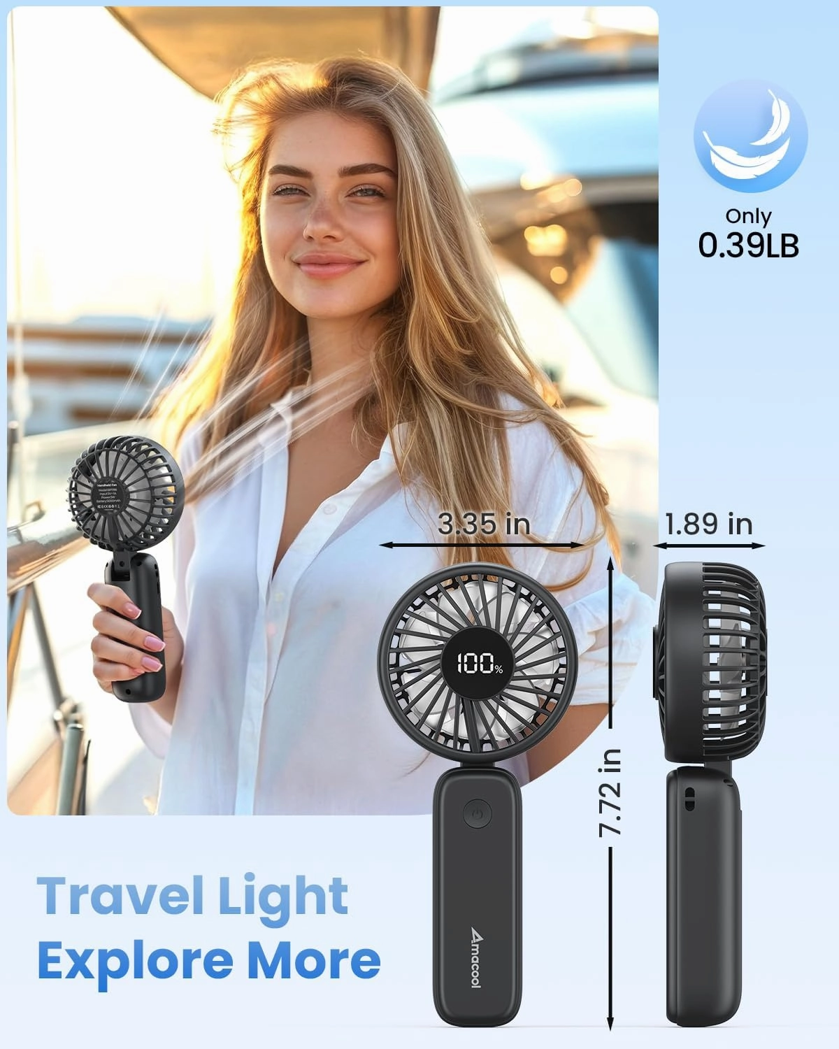 AMACOOL Handheld Fan Foldable, 5000mAh Rechargeable Hand Fans with Powerful Cooling, 4 Speeds, LED Display, Portable Fan for Travel,Concerts,Makeup,Lash,Outdoor Events,Gifts Women
