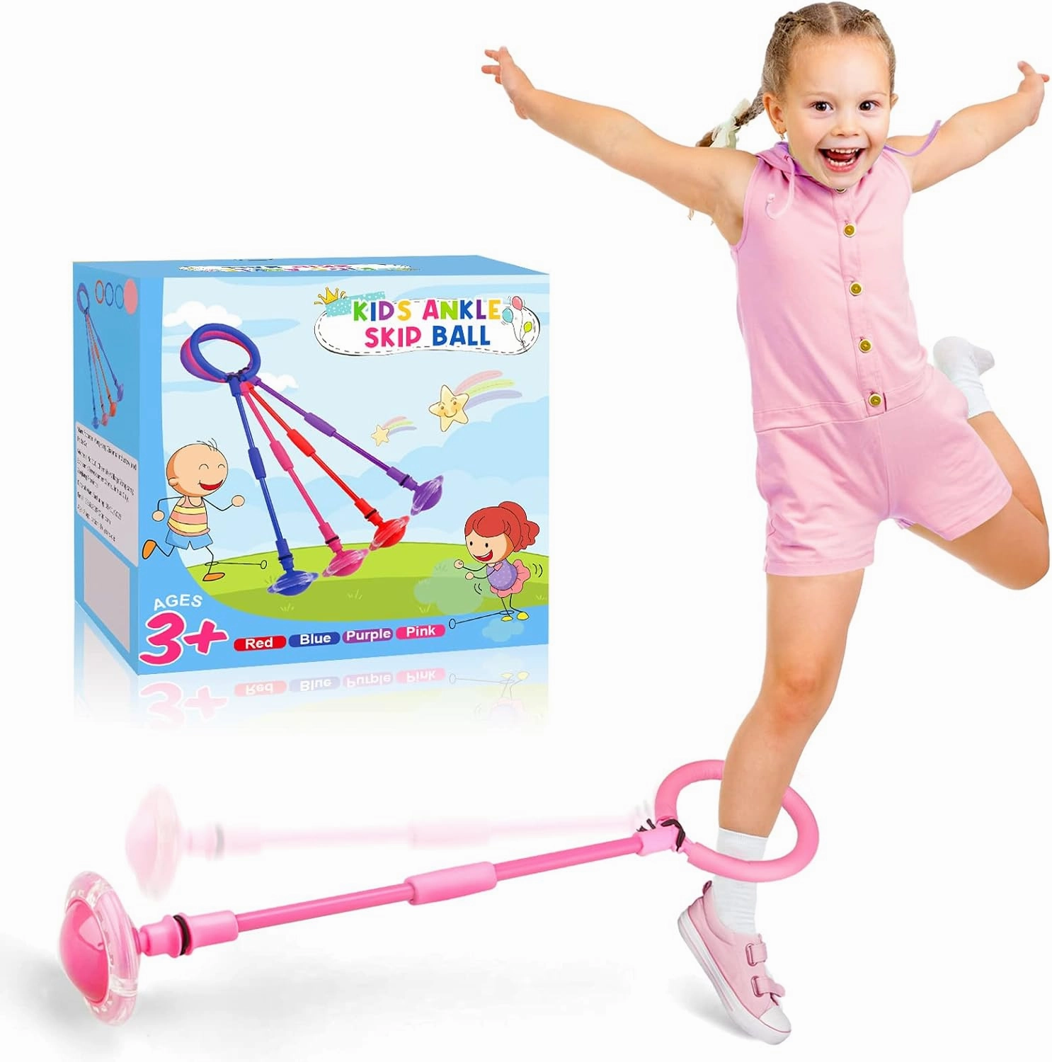 Ankle Skip Ball for Kids - Foldable Double Rod Flash Wheel Skip Ball, Outdoor Game Toys for Kids & Adults, Gift for Boys & Girls Age 5 6 7 8 9 10 Years Old, Pink