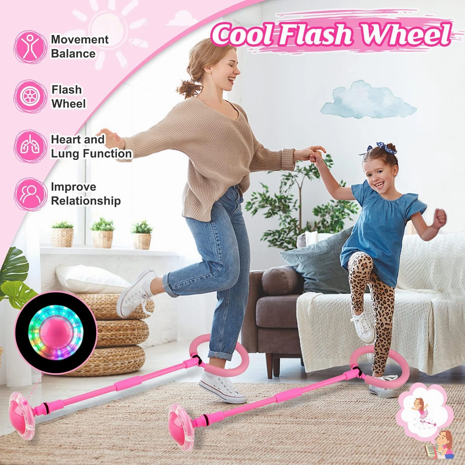 Ankle Skip Ball for Kids - Foldable Double Rod Flash Wheel Skip Ball, Outdoor Game Toys for Kids & Adults, Gift for Boys & Girls Age 5 6 7 8 9 10 Years Old, Pink