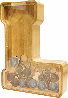 ANOTION 9" Large Piggy Bank for Kids, Wooden Letter Coin Bank for Boys Girls, Personalized Money Saving Bank Gifts for Birthday, Christmas (L)