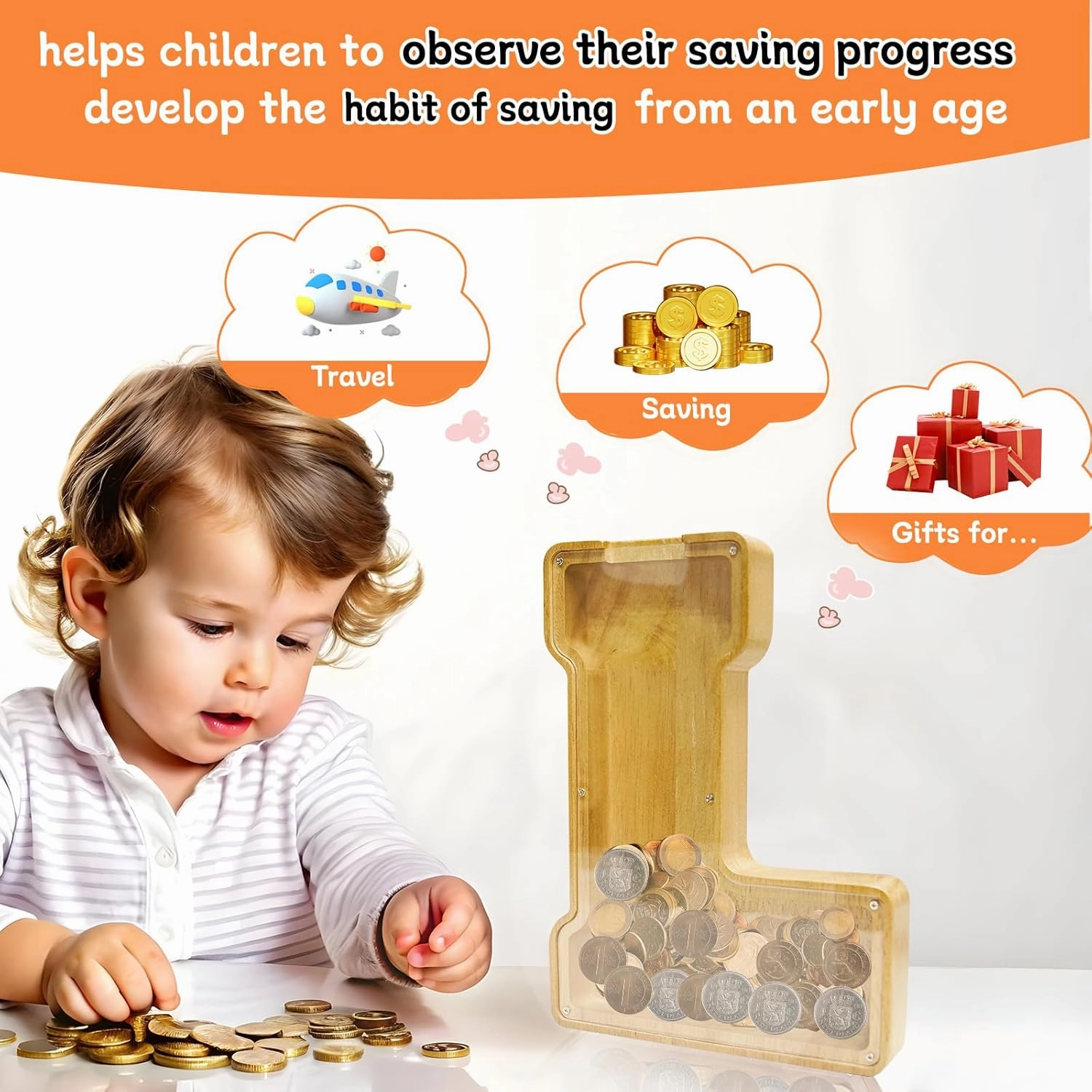ANOTION 9" Large Piggy Bank for Kids, Wooden Letter Coin Bank for Boys Girls, Personalized Money Saving Bank Gifts for Birthday, Christmas (L)