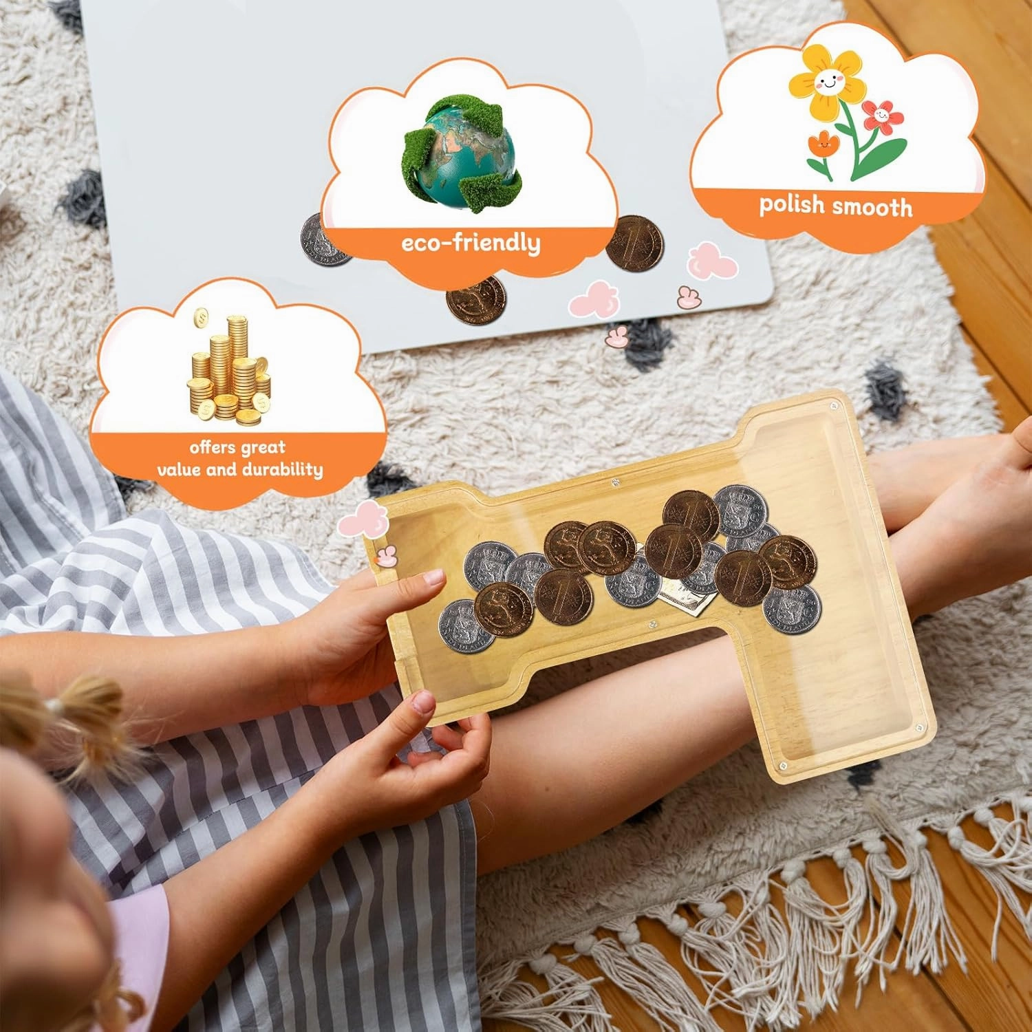 ANOTION 9" Large Piggy Bank for Kids, Wooden Letter Coin Bank for Boys Girls, Personalized Money Saving Bank Gifts for Birthday, Christmas (L)