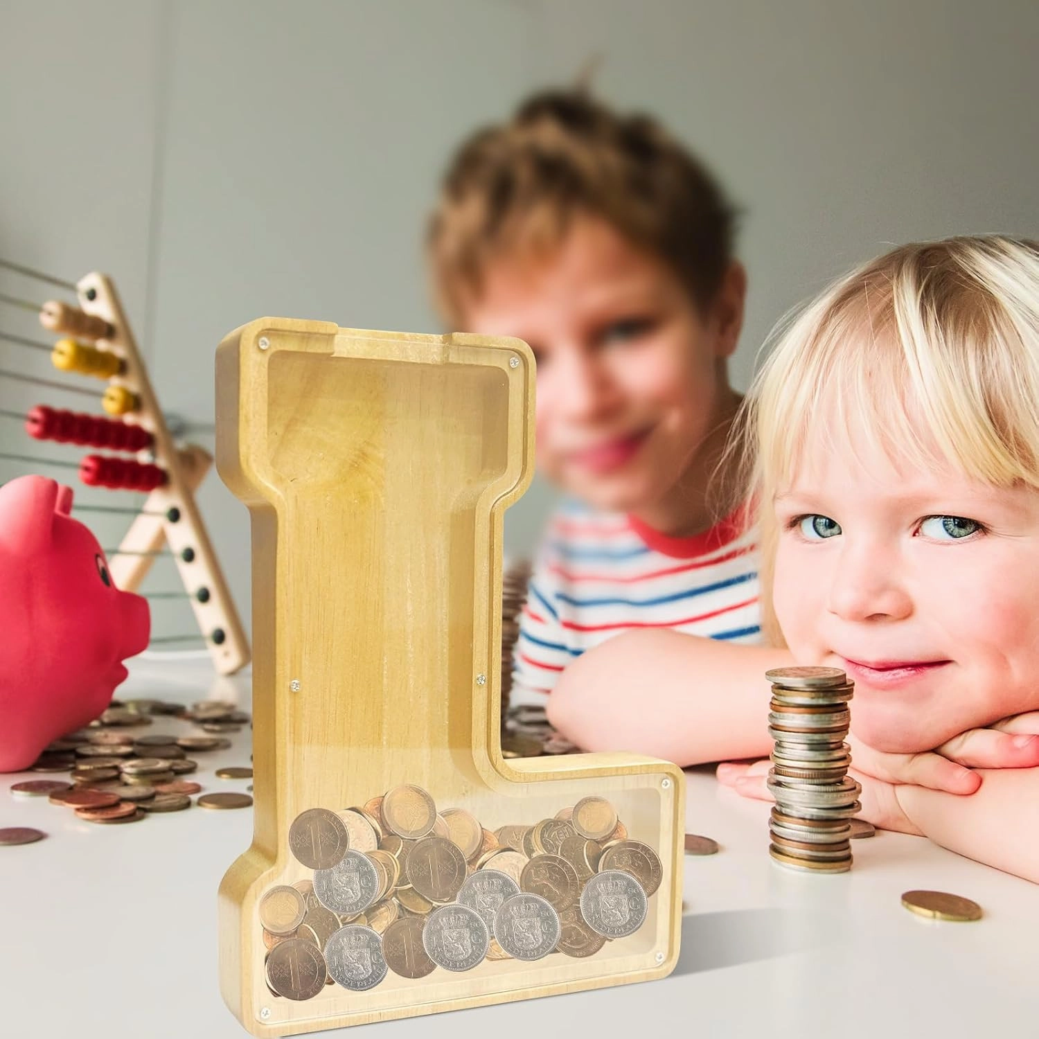 ANOTION 9" Large Piggy Bank for Kids, Wooden Letter Coin Bank for Boys Girls, Personalized Money Saving Bank Gifts for Birthday, Christmas (L)