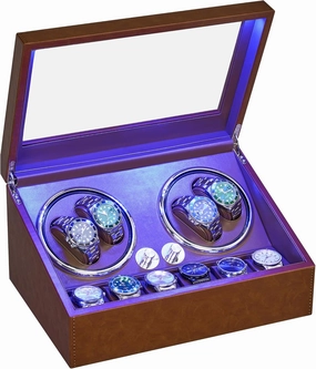 ANWBROAD Watch Winder for Automatic Watches 4 Watch Rotator and 6 Extra Storages with Super Quiet Mabuchi Motor and LED Backlight Rotating Watch Spinner Shaker 4 Rotating Modes Gift USB UJWW002P