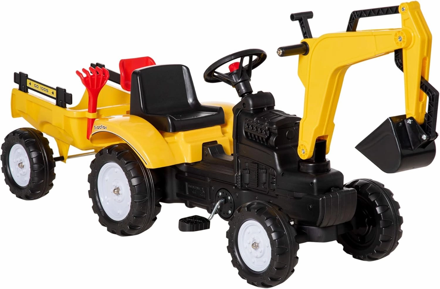 Aosom Digger Ride-on Truck Kids Car with Horn, Excavator Ride-on Toy, Imaginative Toy Construction Car, 6 Wheels & Detachable Trailer, Yellow