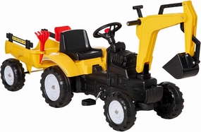Aosom Digger Ride-on Truck Kids Car with Horn, Excavator Ride-on Toy, Imaginative Toy Construction Car, 6 Wheels & Detachable Trailer, Yellow