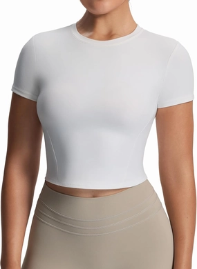 Aoxjox Women's Workout Short Sleeve T-Shirts Crew Neck Without Padded Baby Tee Athletic Gym Yoga Crop Tops
