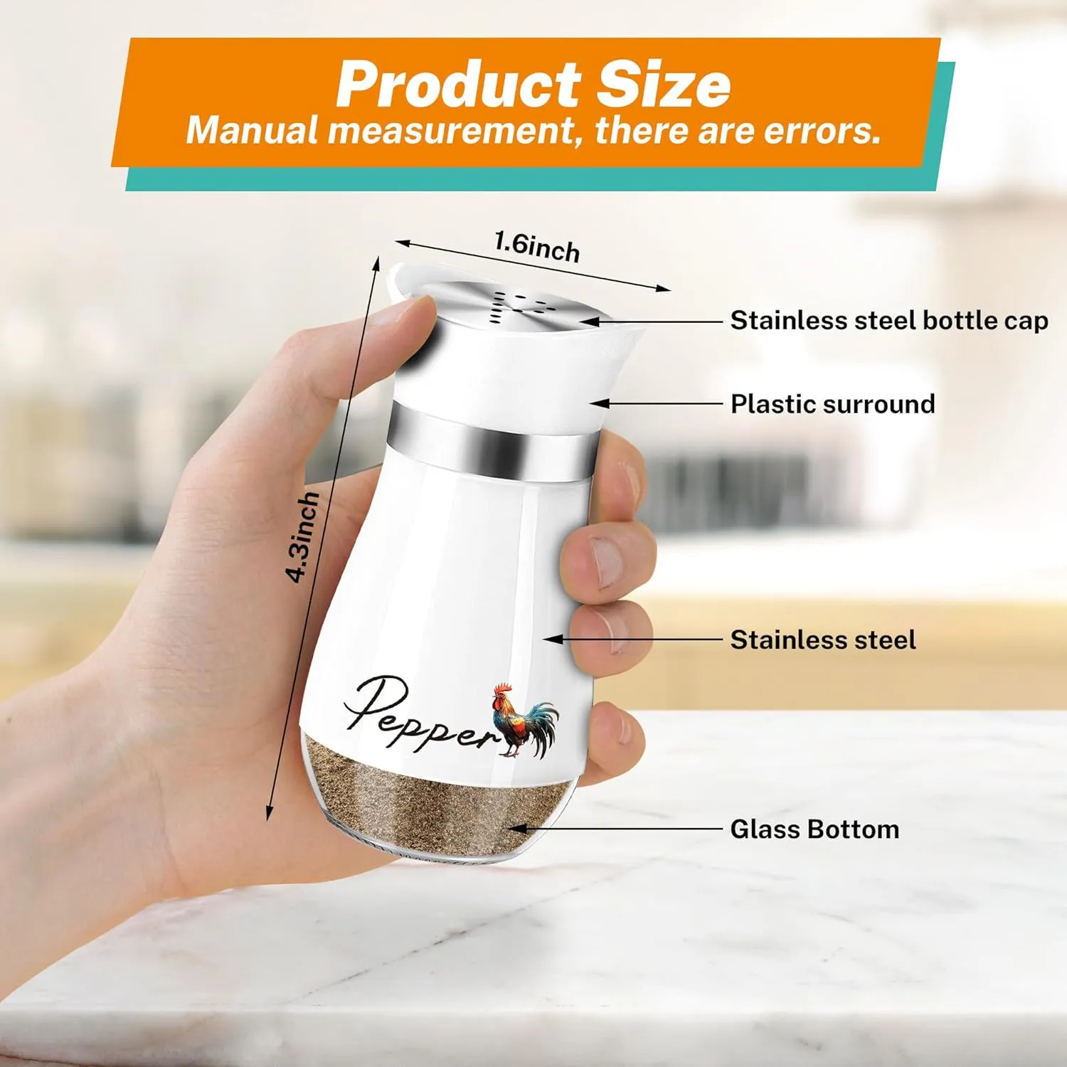 Arrozon Rooster Salt and Pepper Shakers Set,4 oz Glass Bottom Salt Pepper Shaker with Stainless Steel Lid for Rooster Kitchen Counter Decor Farmhouse Housewarming Gift Refillable Design (Rooster)