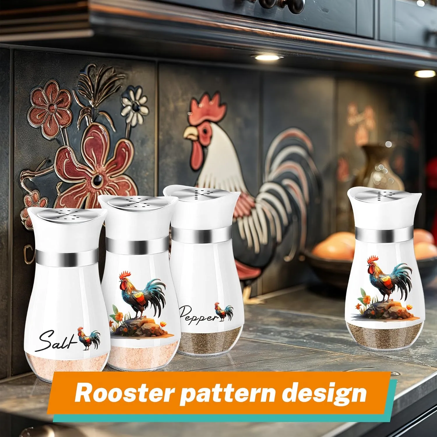 Arrozon Rooster Salt and Pepper Shakers Set,4 oz Glass Bottom Salt Pepper Shaker with Stainless Steel Lid for Rooster Kitchen Counter Decor Farmhouse Housewarming Gift Refillable Design (Rooster)