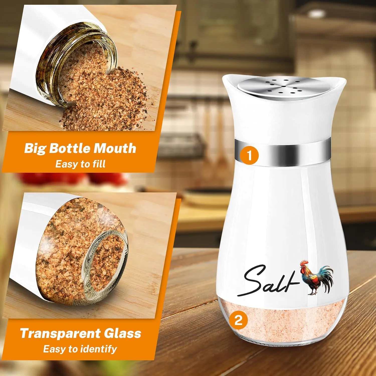 Arrozon Rooster Salt and Pepper Shakers Set,4 oz Glass Bottom Salt Pepper Shaker with Stainless Steel Lid for Rooster Kitchen Counter Decor Farmhouse Housewarming Gift Refillable Design (Rooster)