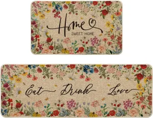 Artoid Mode Vintage Butterfly Flowers Spring Kitchen Mats Set of 2, Summer Home Decor Low-Profile Kitchen Rugs for Floor - 17x29 and 17x47 Inch