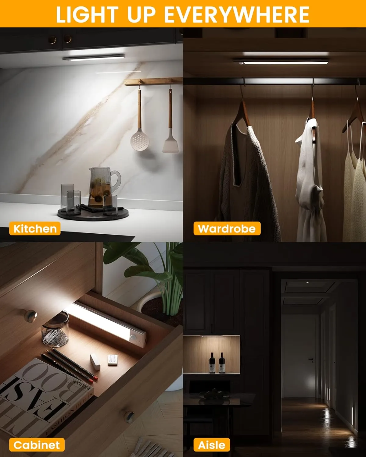 ASOKO Under Cabinet Lights Motion Sensor Light Indoor USB-C Rechargeable LED Closet Lights Battery Operated Under Cabinet Lighting Wireless Under Counter Lights for Kitchen(White,3Pack)
