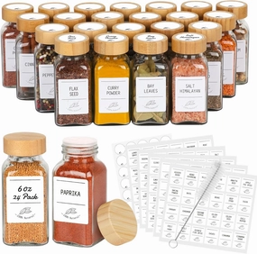 AuroTrends Glass Spice Jars with Bamboo Lids 6oz 24Pack, Spice Jars with Label Complete Set-6oz Spice Containers with Blank & Pre-printed Spice Labels and Straw Brush (6oz 24Pack, Bamboo Lids)