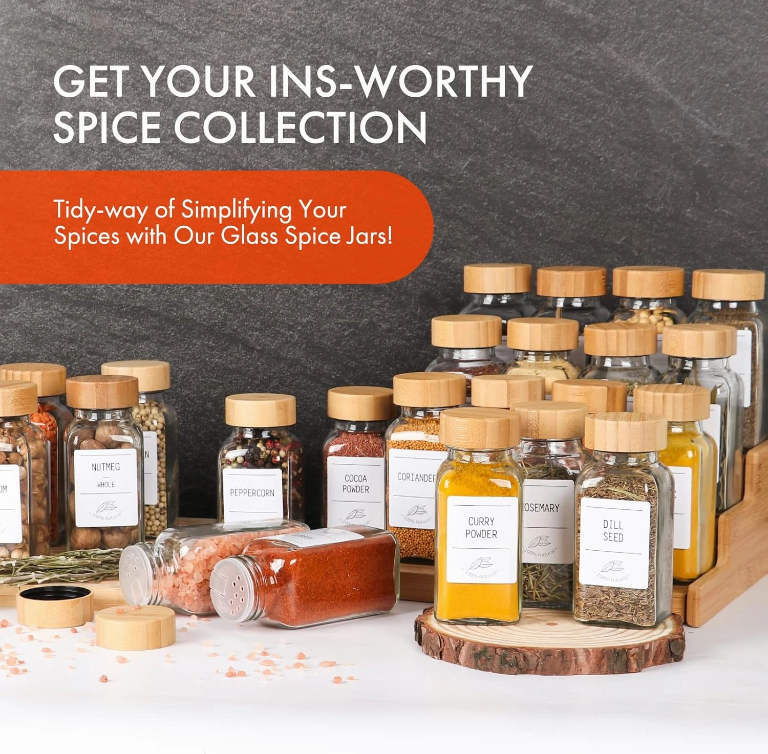 AuroTrends Glass Spice Jars with Bamboo Lids 6oz 24Pack, Spice Jars with Label Complete Set-6oz Spice Containers with Blank & Pre-printed Spice Labels and Straw Brush (6oz 24Pack, Bamboo Lids)