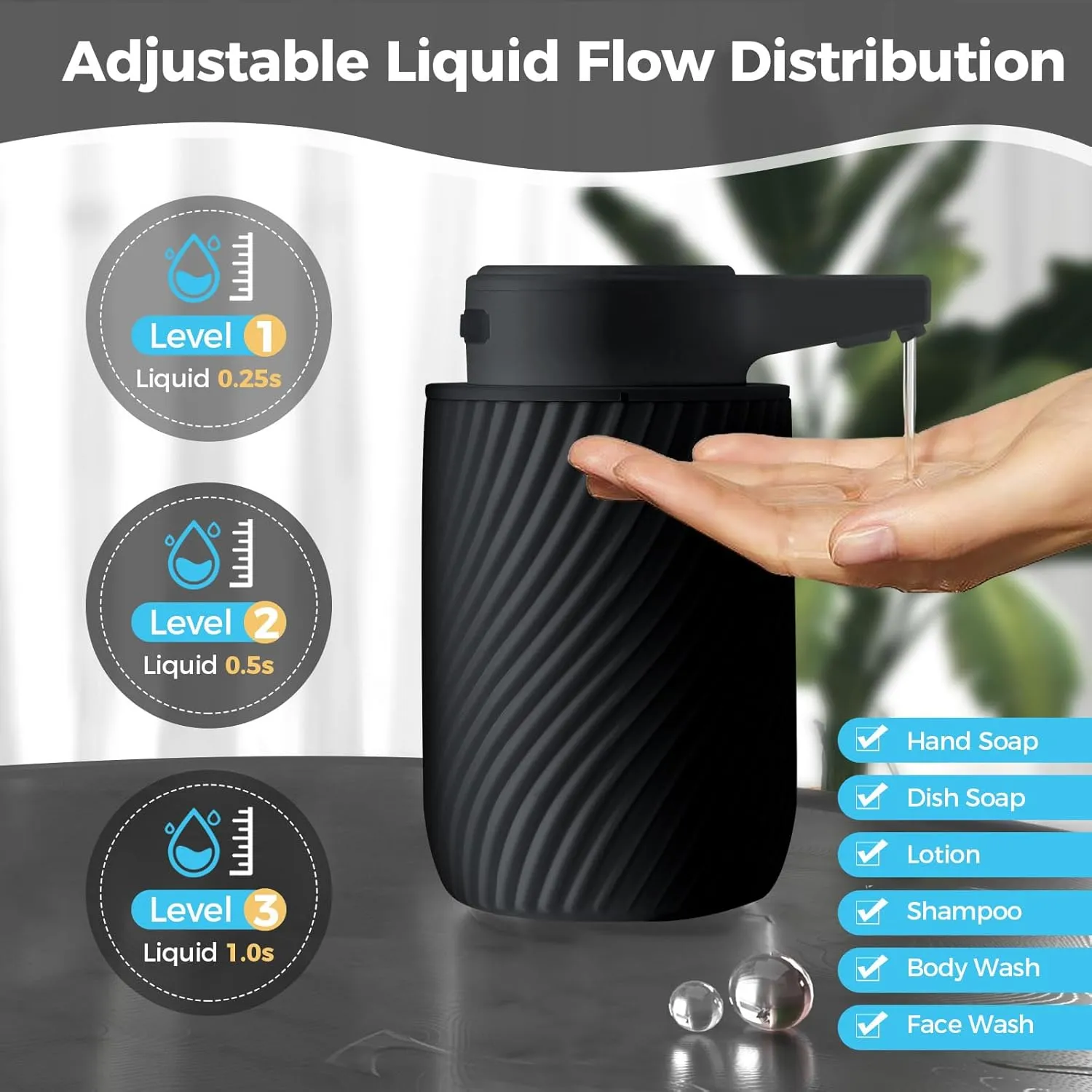 Automatic Soap Dispenser, 9oz Touchless Dish Hand Soap Dispenser Rechargeable with 3 Adjustable Soap Levels for Bathroom Kitchen Black