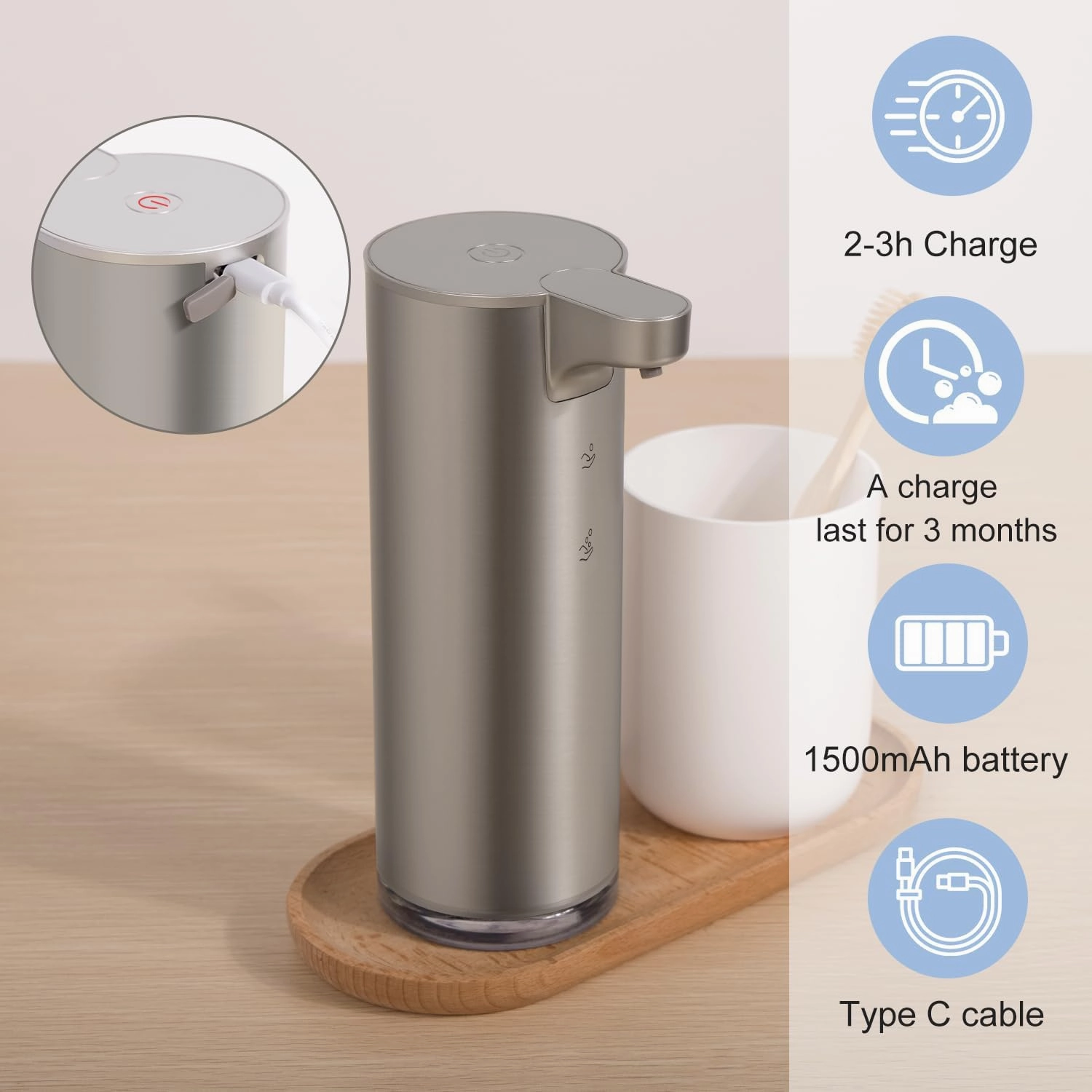 Automatic Foaming Soap Dispenser, Rechargeable Touchless Foam Hand Soap Dispenser for Bathroom, Stainless Steel Soap Pump for Kitchen, Water-Resistant, Xmas Gift 9oz