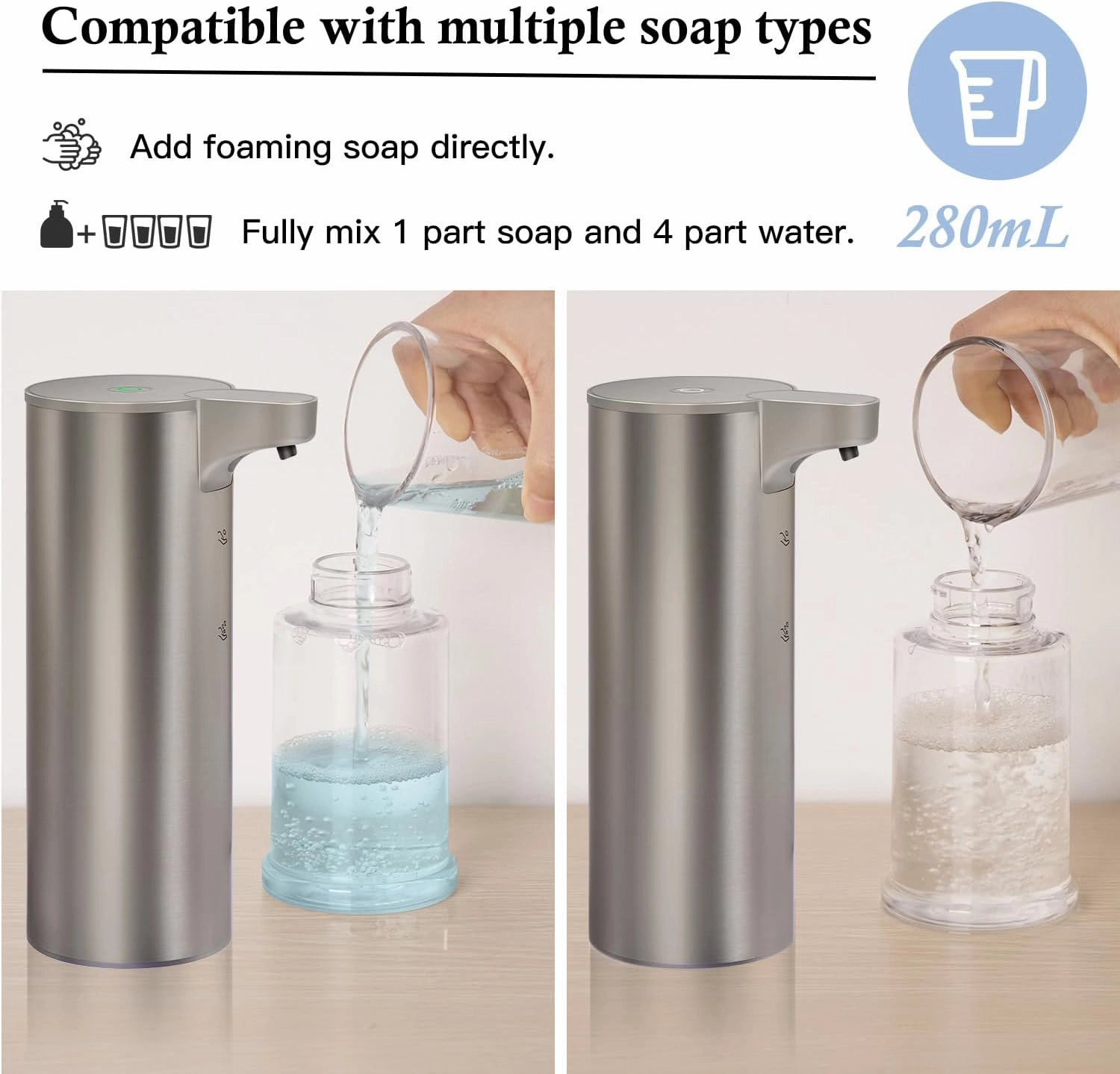 Automatic Foaming Soap Dispenser, Rechargeable Touchless Foam Hand Soap Dispenser for Bathroom, Stainless Steel Soap Pump for Kitchen, Water-Resistant, Xmas Gift 9oz