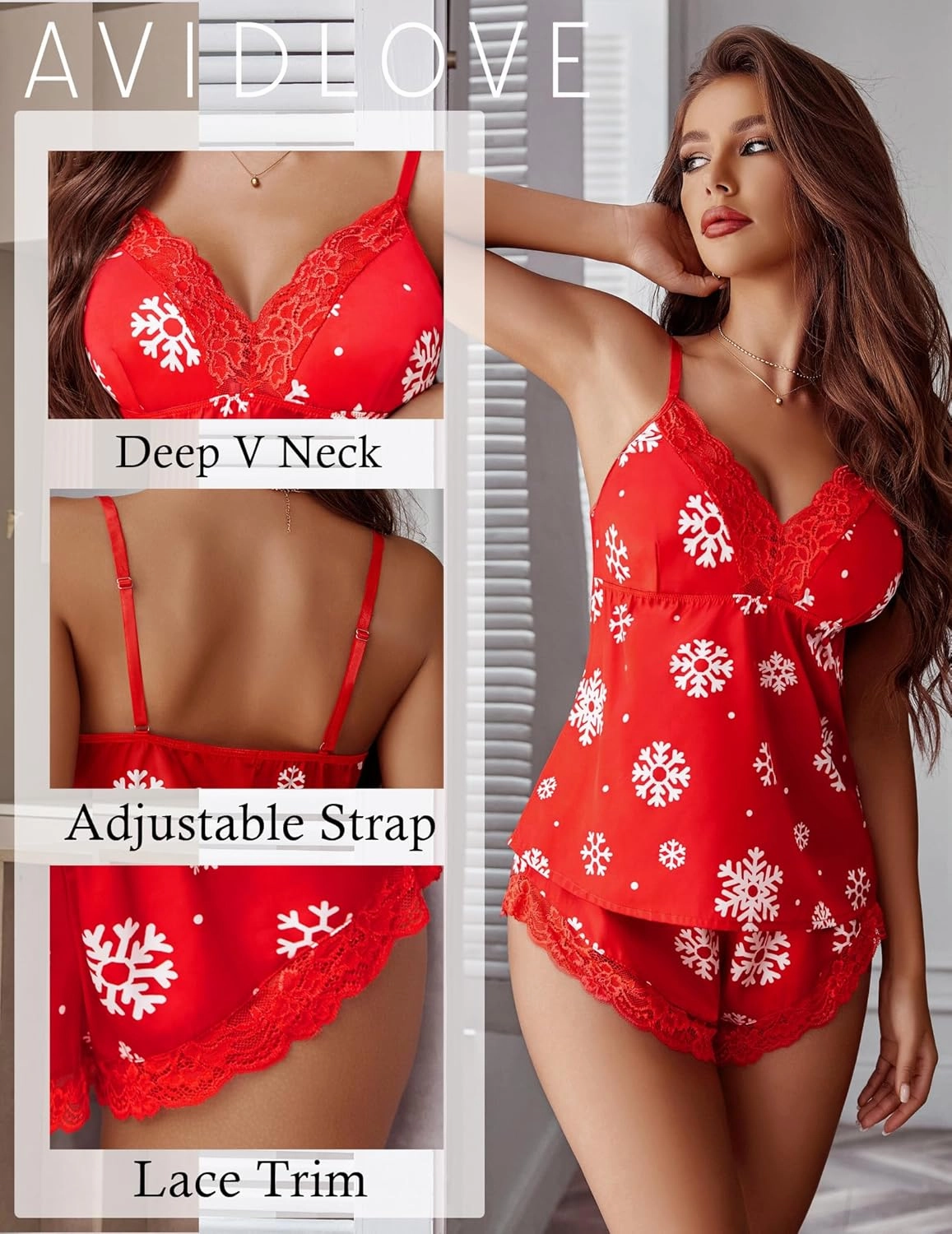 Avidlove Satin Pajamas Set Womens Lace Sleepwear Sexy Lingerie Cami Shorts Set S-XXL