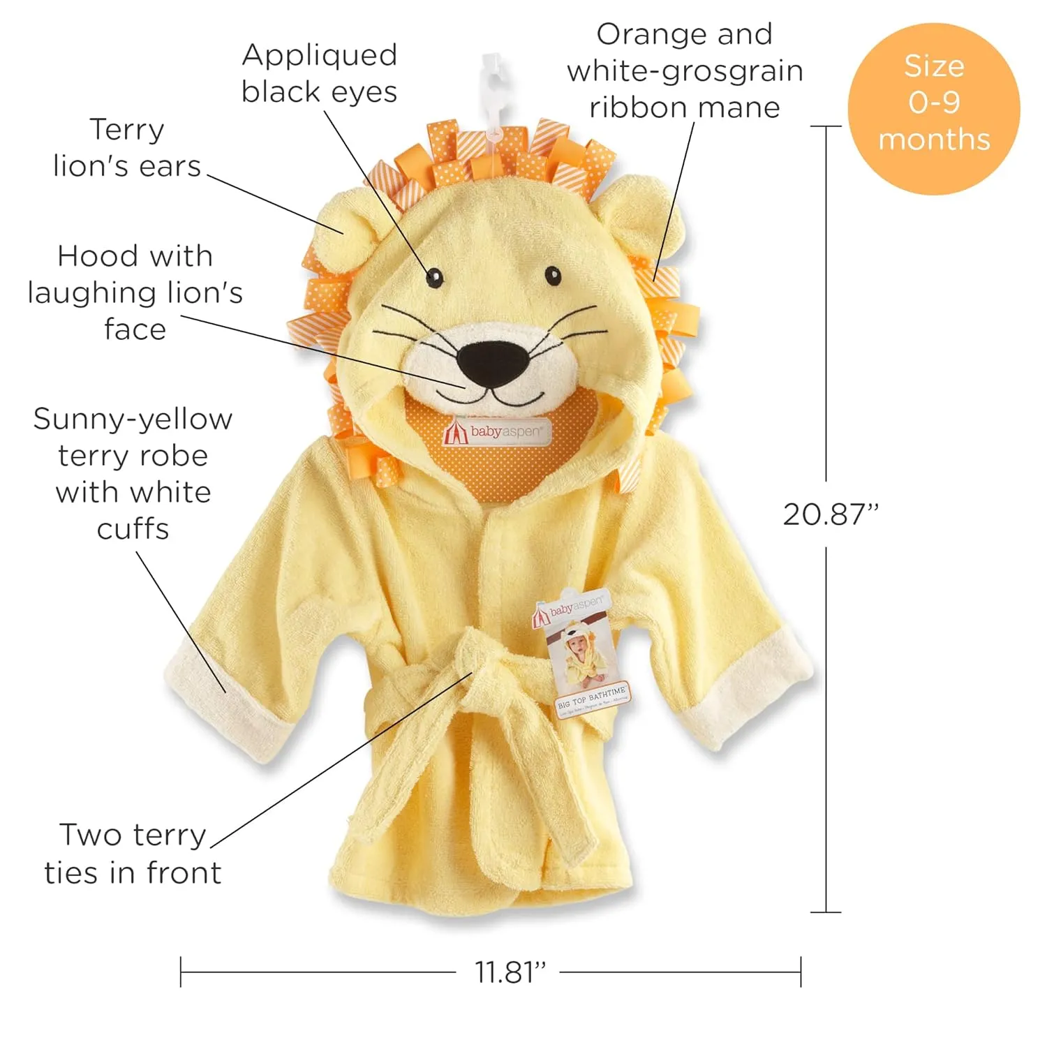 Baby Aspen "Big Top Bath Time Lion Hooded Towel/Robe, 0-9 Months