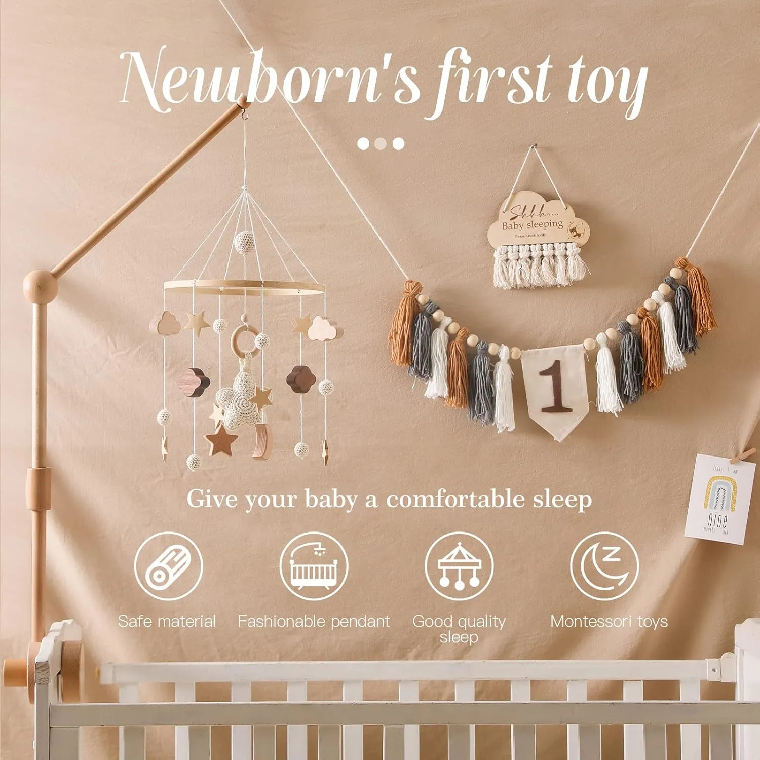 Baby Crib Mobile for Boys Girls| Boho Nursery Mobile| Gender Neutral Hand-Crocheted Mobile| Ceiling Mobile - Stars, Clouds, Moon