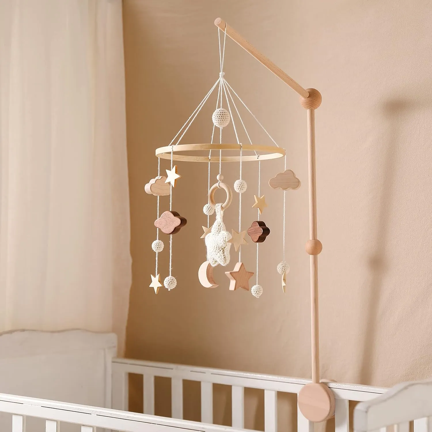Baby Crib Mobile for Boys Girls| Boho Nursery Mobile| Gender Neutral Hand-Crocheted Mobile| Ceiling Mobile - Stars, Clouds, Moon