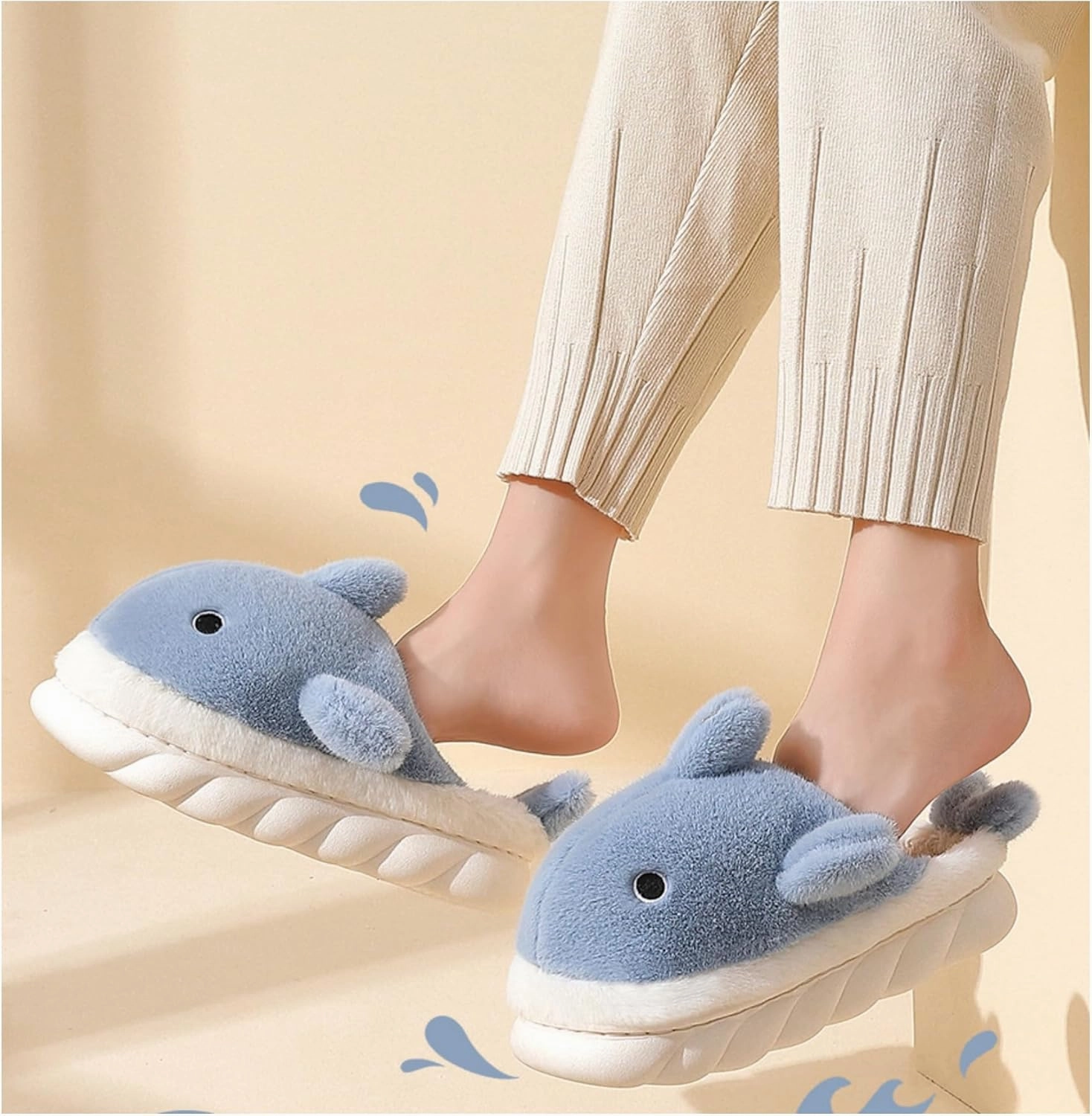 Baiyuruodie Cartoon animal shark cotton slippers, winter indoor and outdoor women's slippers, holiday gifts