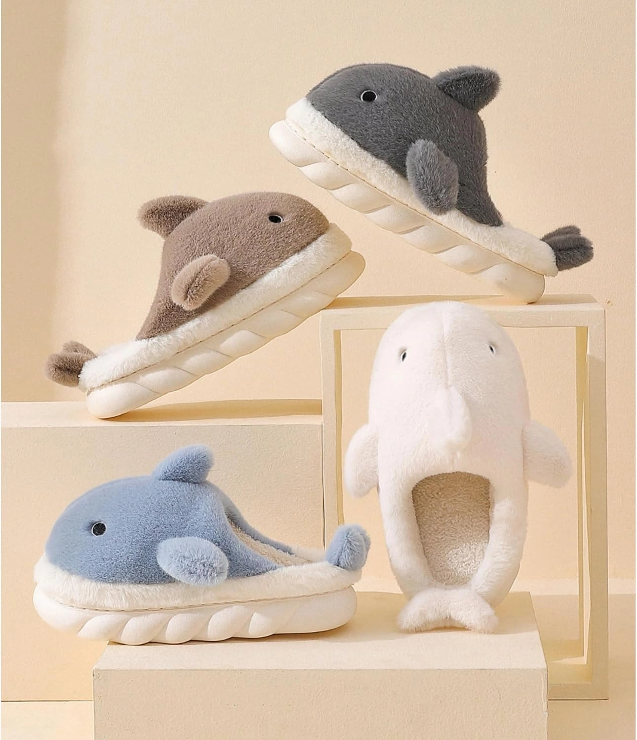 Baiyuruodie Cartoon animal shark cotton slippers, winter indoor and outdoor women's slippers, holiday gifts