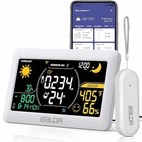 BALDR WiFi Weather Station with App, Smart Wireless Weather Station Indoor Outdoor Thermometer with Humidity Monitor, Online Real-time Forecast, Home Weather Station Temperature Sensor Included, White
