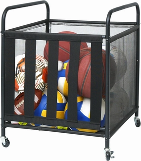 Ball Storage Rack, Sports Ball Storage Cart with Wheels and Handles, Metal Sport Equipment Organizer Rack with Elastic Straps for Garage, Gym or Playground, Black