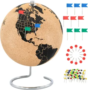Beautiful Cork Globe with 102 Different Push Pins - Spinning Travel Globe 26cm / 10 inch High with Push Pin Made of Cork – as Travel Map & Gift Idea for Globetrotters