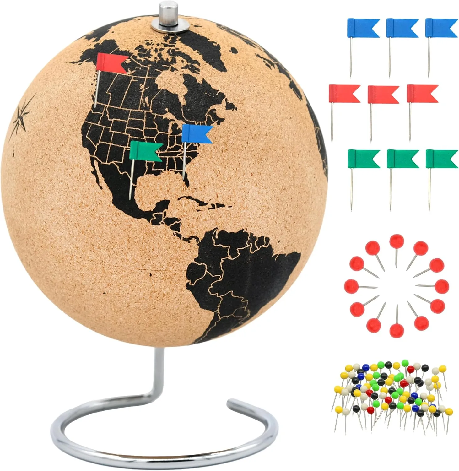 Beautiful Cork Globe with 102 Different Push Pins - Spinning Travel Globe 26cm / 10 inch High with Push Pin Made of Cork – as Travel Map & Gift Idea for Globetrotters