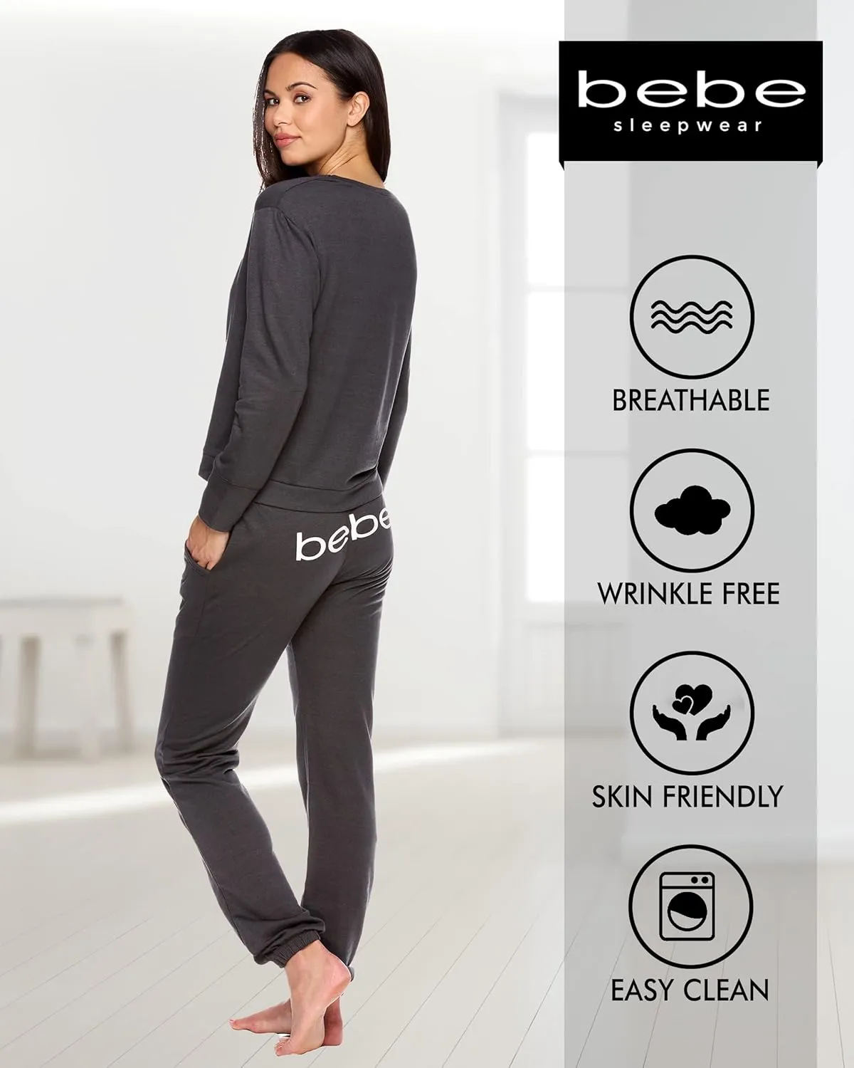 bebe Womens Pajama Sets - French Terry Pajamas Long Sleeve Pullover Top and PJ Pants with Pockets - Sleepwear for Women