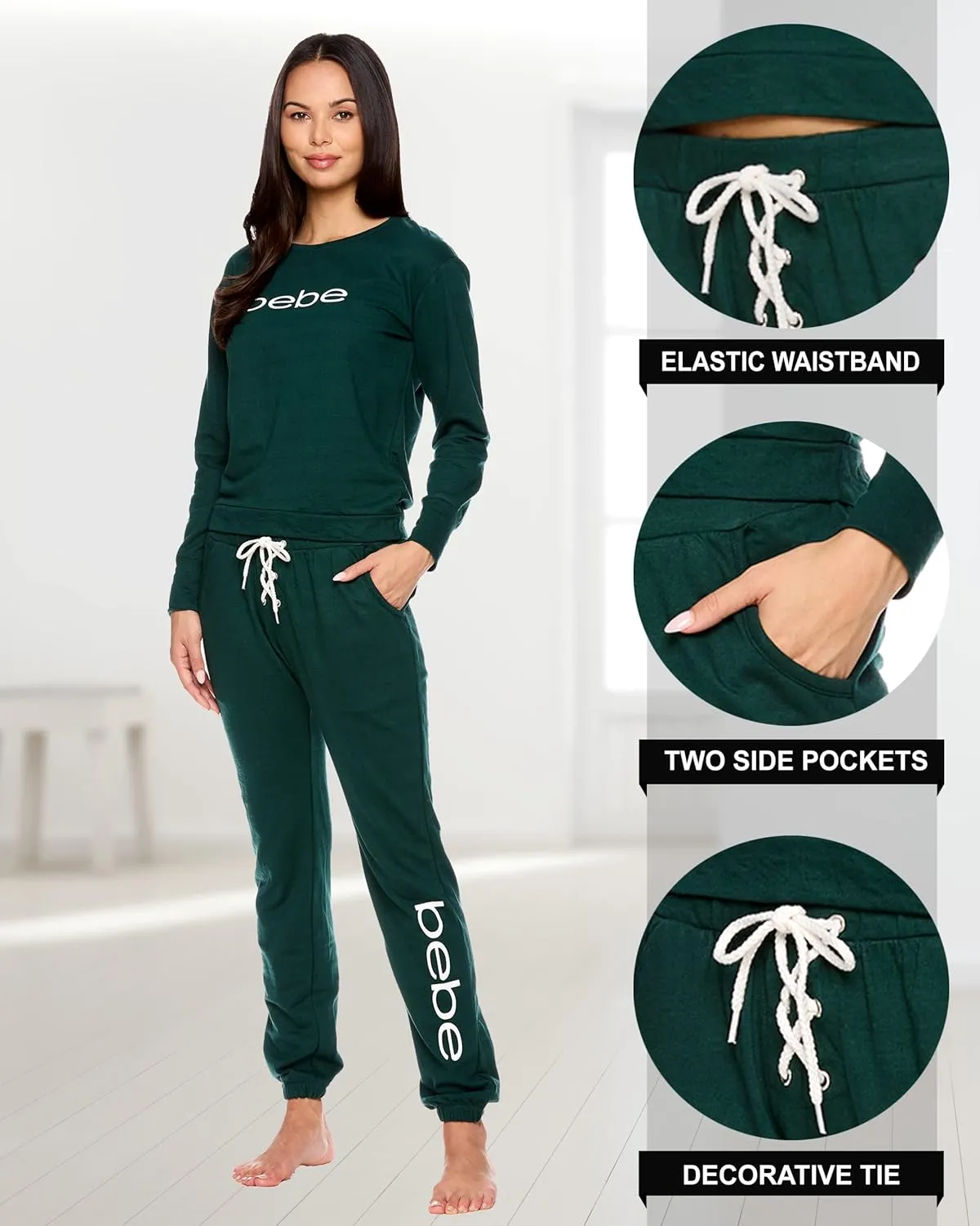 bebe Womens Pajama Sets - French Terry Pajamas Long Sleeve Pullover Top and PJ Pants with Pockets - Sleepwear for Women