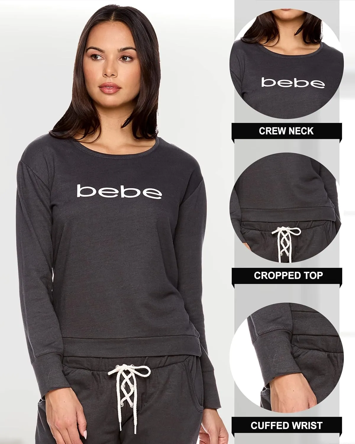 bebe Womens Pajama Sets - French Terry Pajamas Long Sleeve Pullover Top and PJ Pants with Pockets - Sleepwear for Women