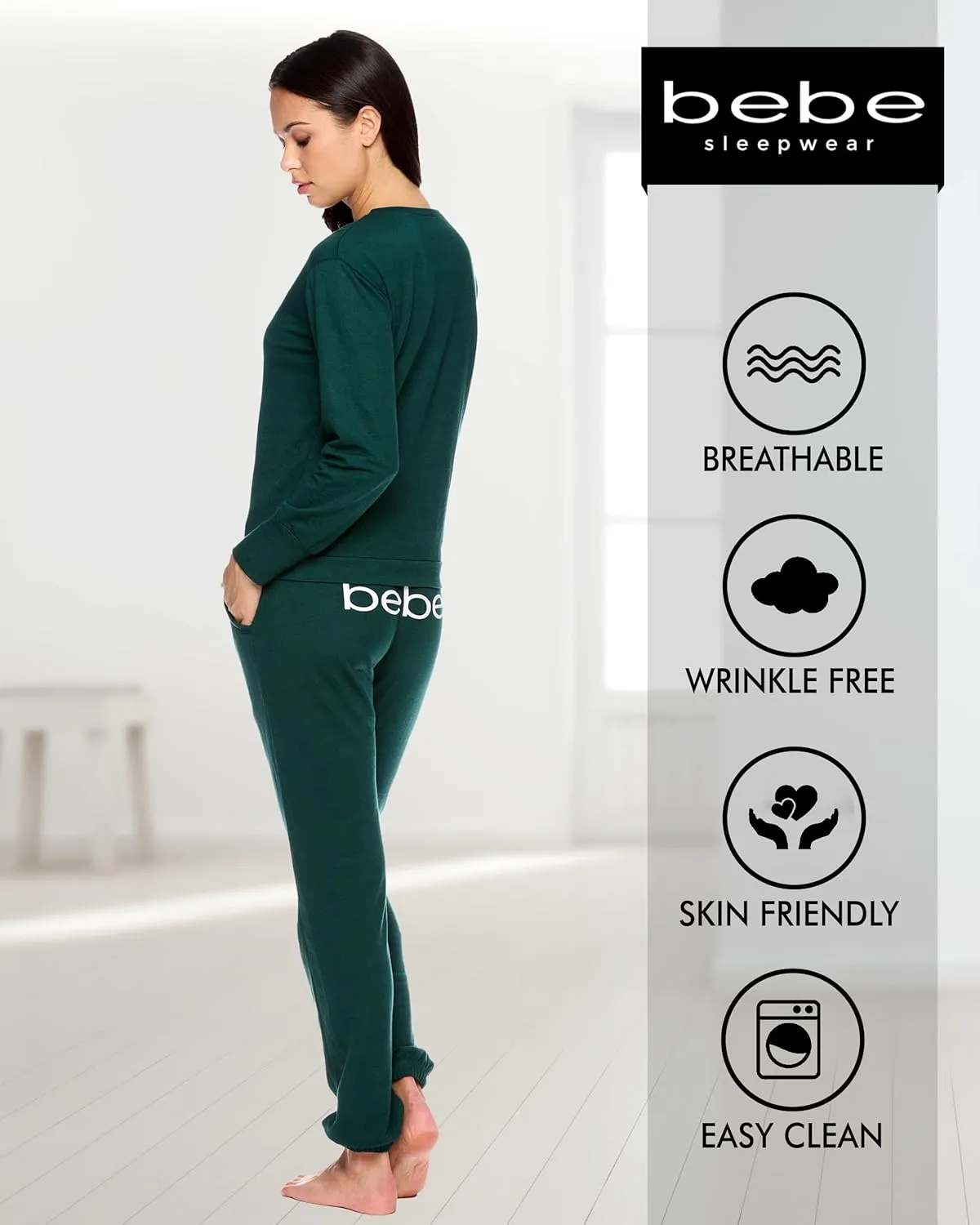bebe Womens Pajama Sets - French Terry Pajamas Long Sleeve Pullover Top and PJ Pants with Pockets - Sleepwear for Women