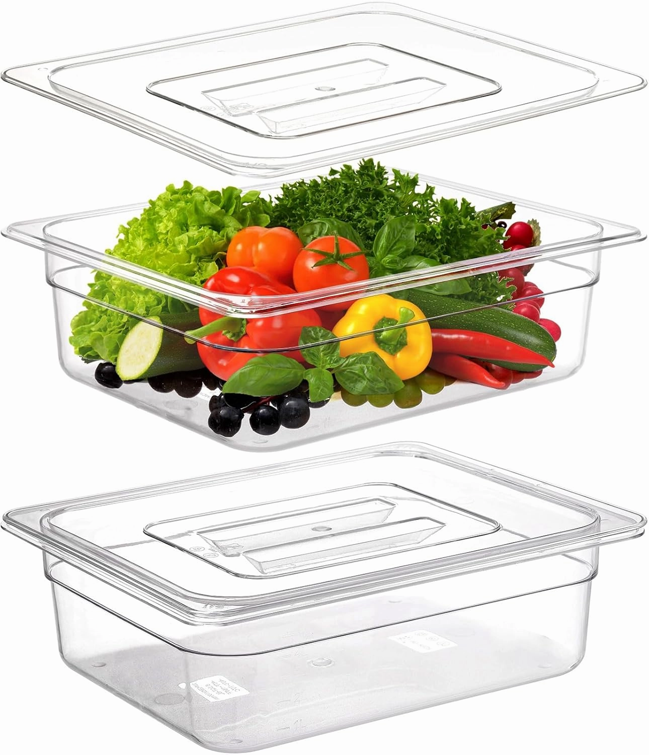 Bekith 2 Pack Clear Polycarbonate Food Pans with Lids, Half Size 4 Inch Deep, Stackable Plastic Food Pans for Commercial Kitchen Restaurant Food Prep, Freezer-Safe