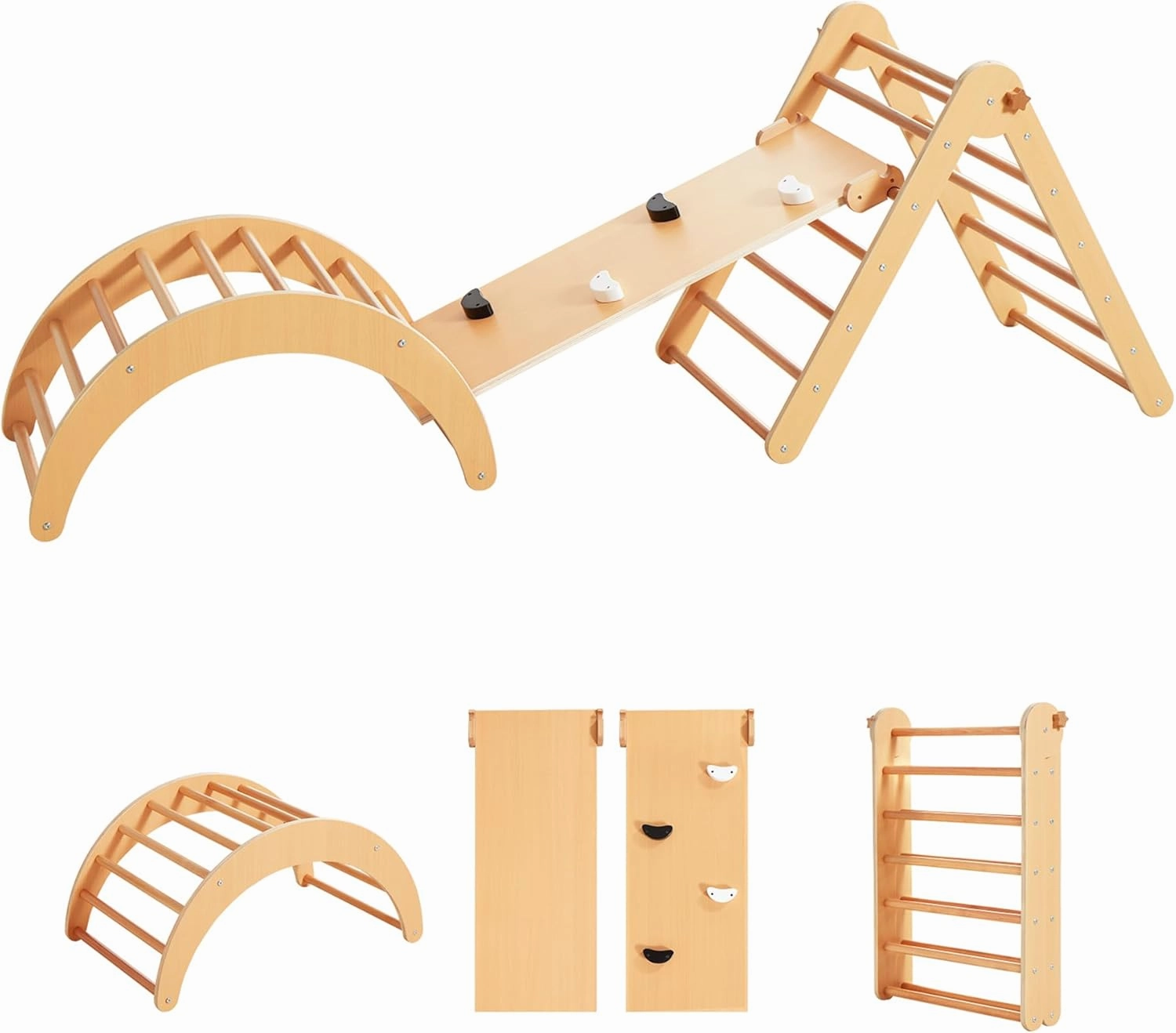 Beright 4 in 1 Pikler Triangle Gym, Montessori Foldable Climber with Ramp, Indoor Climbing Toys for Kids, Climbing Triangle for Toddlers Arch Climber, Rocker, Learning Waldorf Toy Structure, Natural