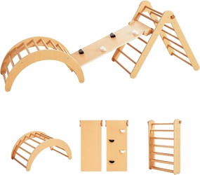 Beright 4 in 1 Pikler Triangle Gym, Montessori Foldable Climber with Ramp, Indoor Climbing Toys for Kids, Climbing Triangle for Toddlers Arch Climber, Rocker, Learning Waldorf Toy Structure, Natural